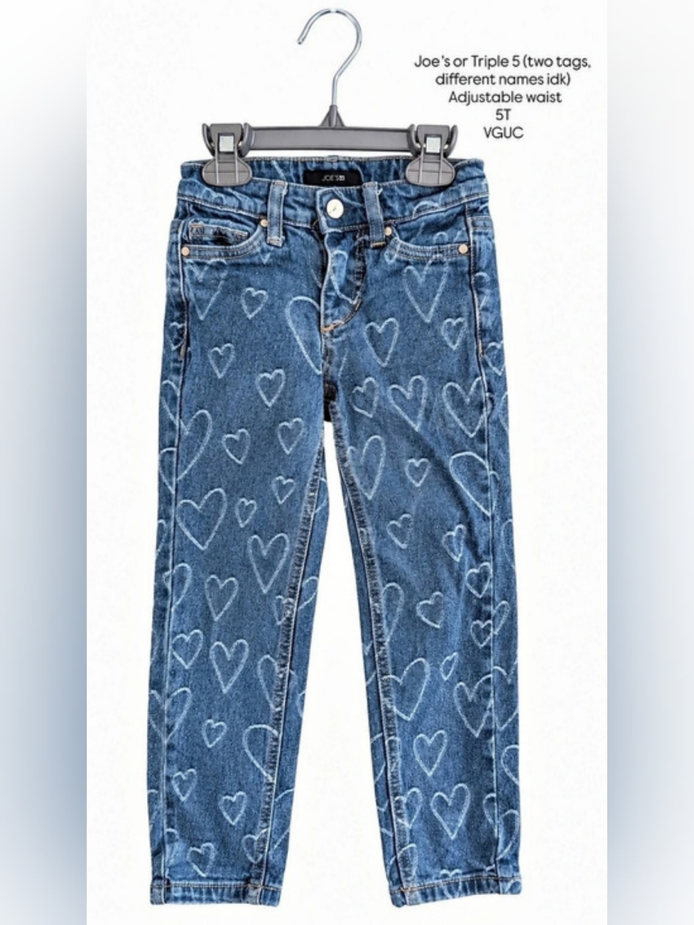 5T Girls Heart Print Boyfriend Blue Denim Jeans Adjustable Waist
